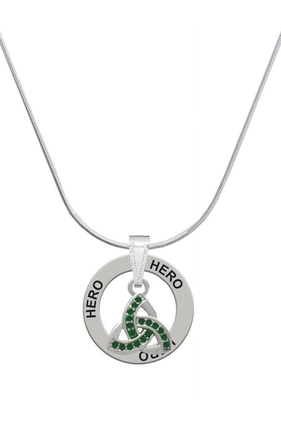 Silvertone Small 2-D Green Trinity Knot Hero Ring Charm Necklace, 18"
