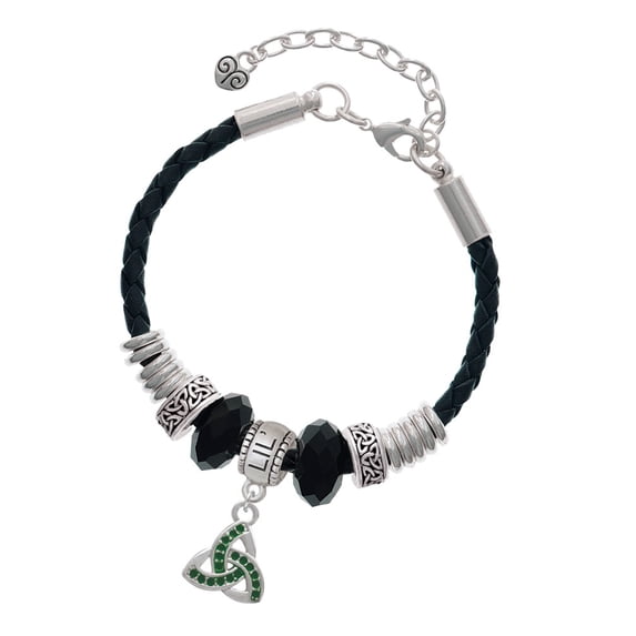 Delight Jewelry Silvertone Small 2-D Green Trinity Knot Middle Sister Celtic Knot Leather Bead Bracelet, 7"+2" Extender