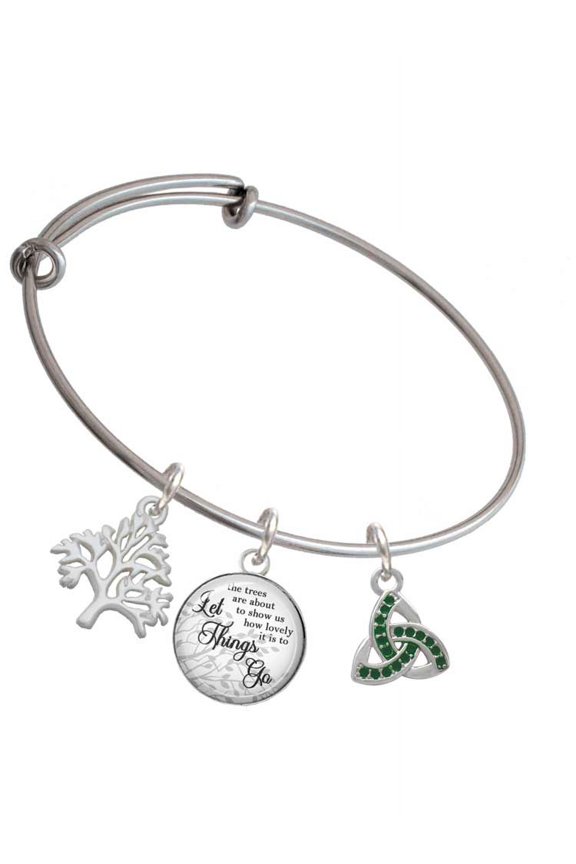 Silvertone Small 2-D Green Trinity Knot Silvertone Let Things Go Tree Charm Bangle Bracelet