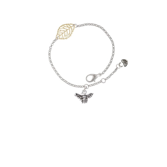 Delight Jewelry Silvertone Small 3-D Bee - Goldtone Leaf Delicate Bracelet, 6.25+1.75"