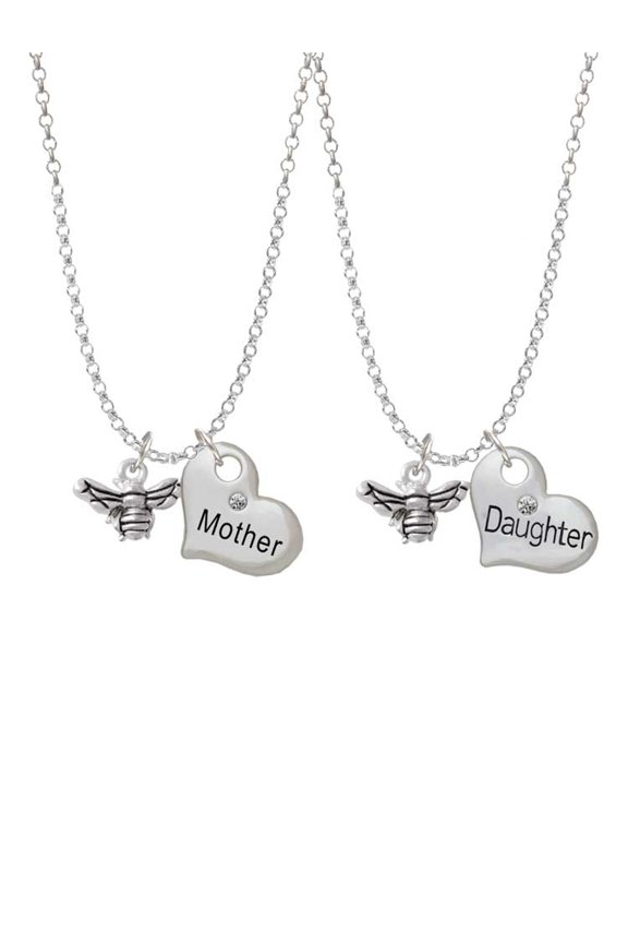 Silvertone Small 3-D Bee Mother & Daughter Heart Necklaces (Set of 2), 19"+2"