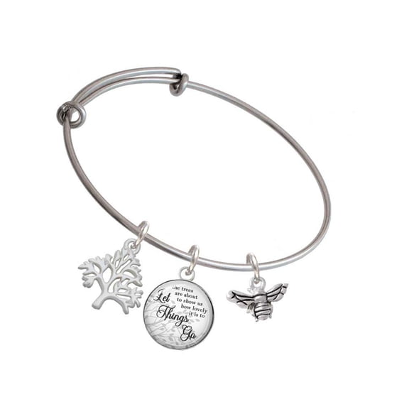 Delight Jewelry Silvertone Small 3-D Bee Silvertone Let Things Go Tree Charm Bangle Bracelet