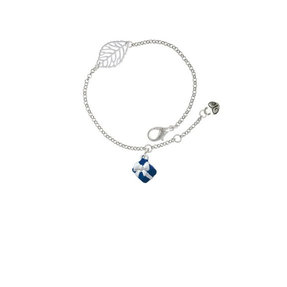 Delight Jewelry Silvertone Small 3-D Blue Present Box with Bow - Silvertone Leaf Delicate Bracelet, 6.25+1.75"
