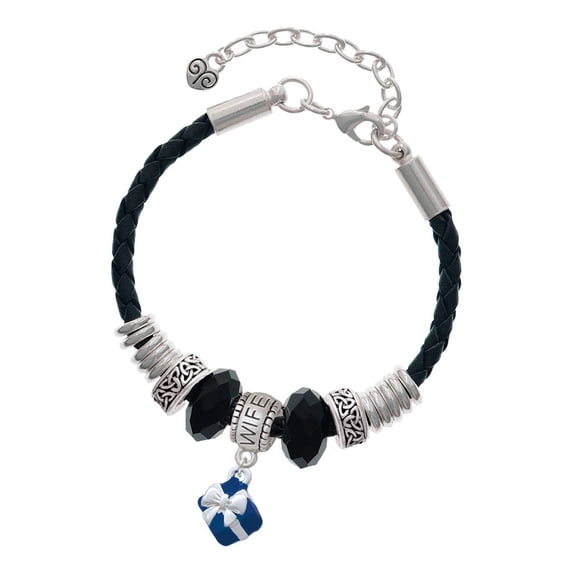 Delight Jewelry Silvertone Small 3-D Blue Present Box with Bow Wife Celtic Knot Leather Bead Bracelet, 7"+2" Extender