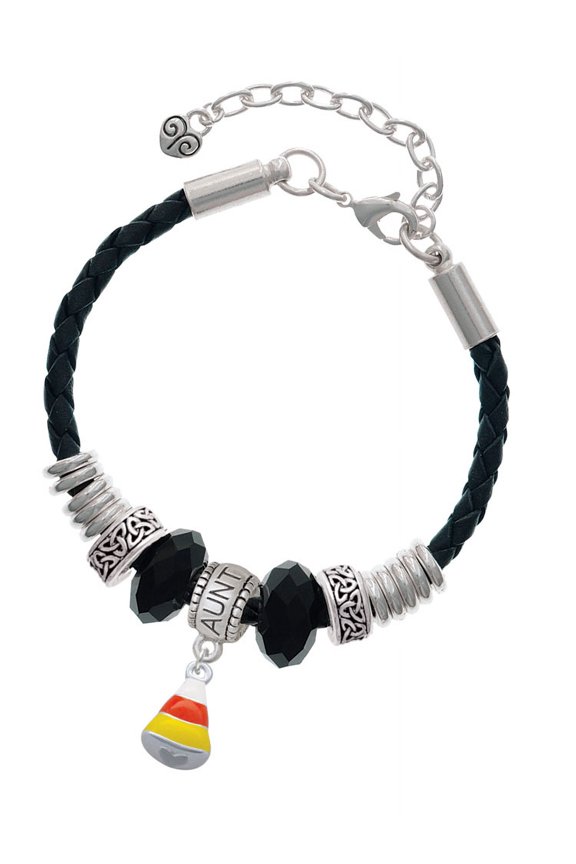 Silvertone Small 3-D Enamel Candy Corn Aunt Celtic Knot Leather Bead Bracelet, 7"+2" Extender