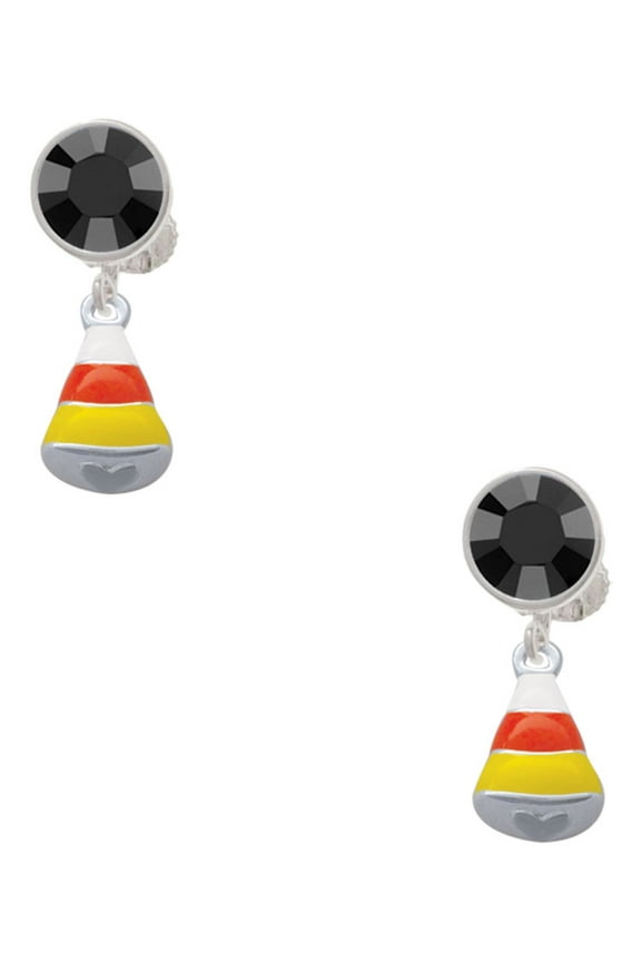 Silvertone Small 3-D Enamel Candy Corn Black Crystal Clip on Earrings