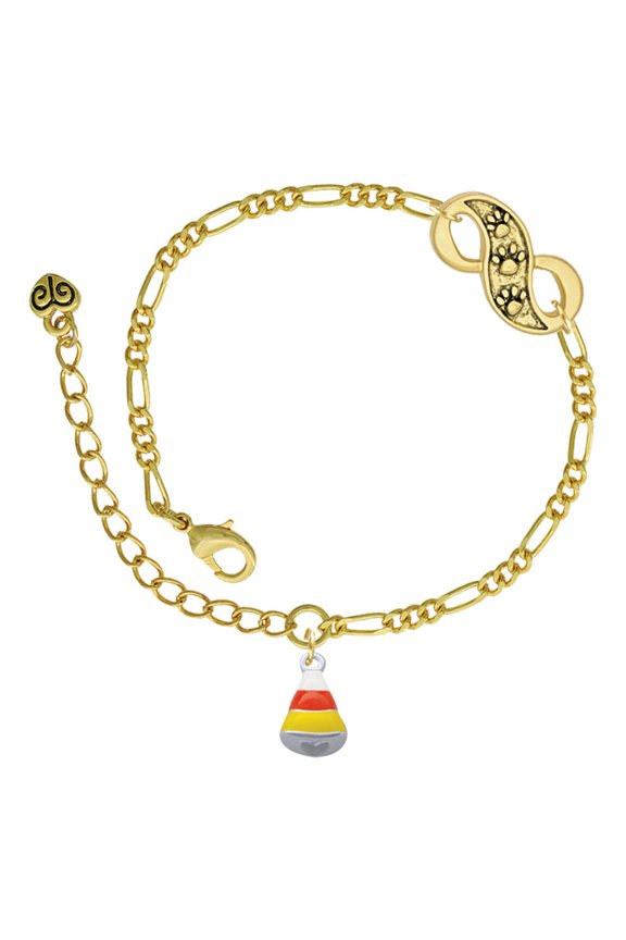 Silvertone Small 3-D Enamel Candy Corn Gold-tone Paw Infinity Link Chain Bracelet, 6"+2" Extender