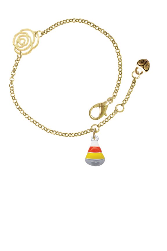 Silvertone Small 3-D Enamel Candy Corn Gold-tone Rose Link Chain Bracelet, 6.25"+1.75" Extender