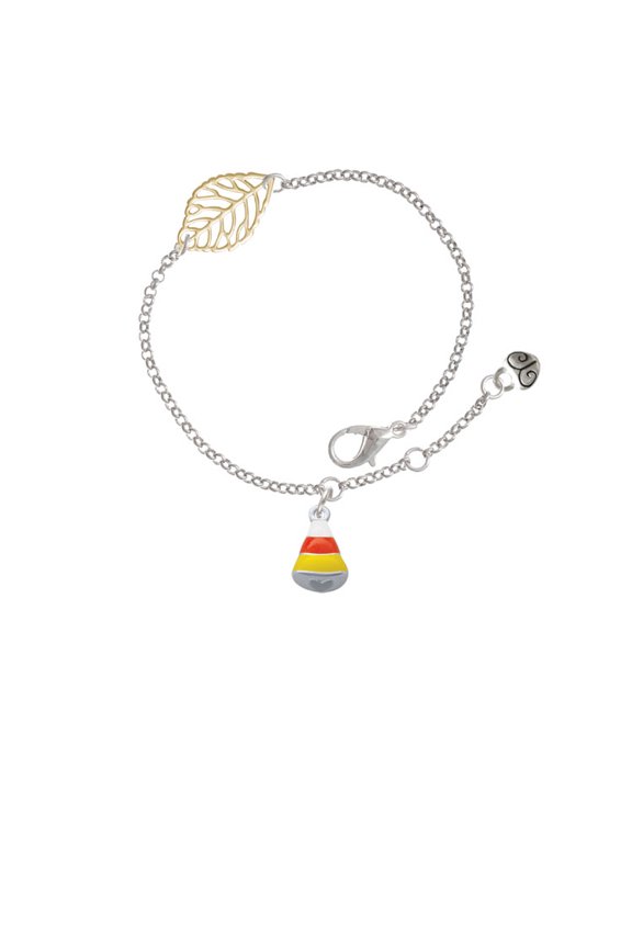 Silvertone Small 3-D Enamel Candy Corn - Goldtone Leaf Delicate Bracelet, 6.25+1.75"