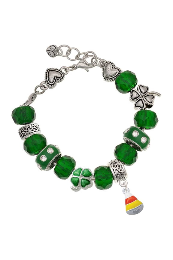 Silvertone Small 3-D Enamel Candy Corn - Green Irish Luck Bead Charm Bracelet, 7.5"