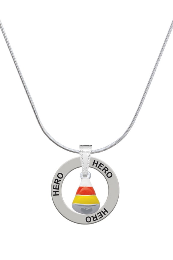 Silvertone Small 3-D Enamel Candy Corn Hero Ring Charm Necklace, 18"