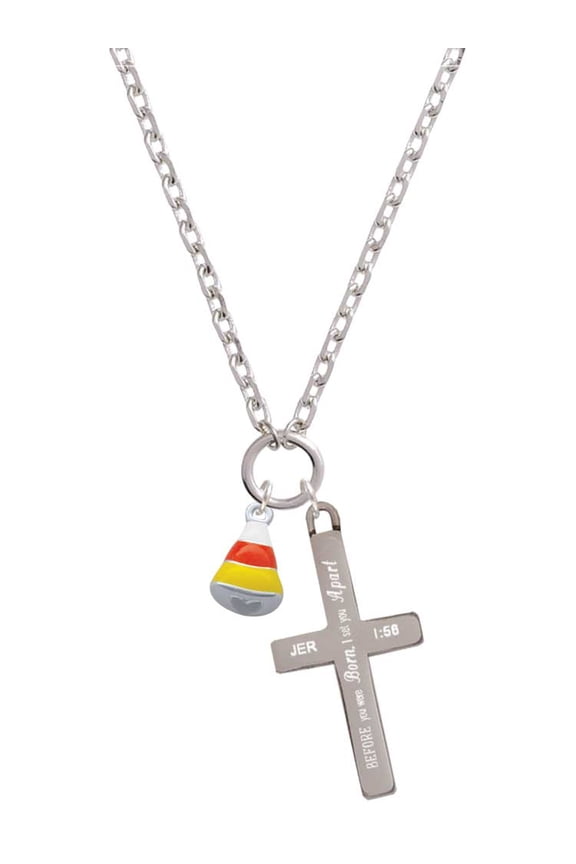 Silvertone Small 3-D Enamel Candy Corn I Set You Apart Engraved Cross Zoey Necklace, 28"