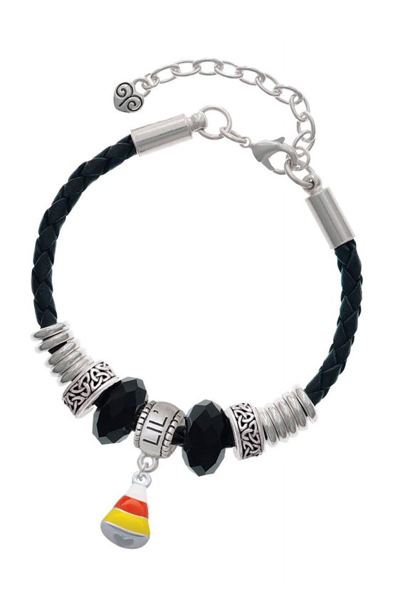 Silvertone Small 3-D Enamel Candy Corn Middle Sister Celtic Knot Leather Bead Bracelet, 7"+2" Extender