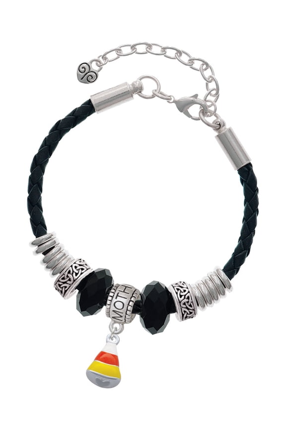 Silvertone Small 3-D Enamel Candy Corn Mother Celtic Knot Leather Bead Bracelet, 7"+2" Extender