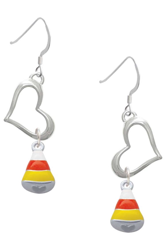 Silvertone Small 3-D Enamel Candy Corn Open Heart French Earrings