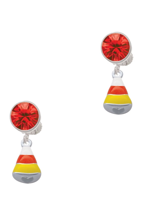 Silvertone Small 3-D Enamel Candy Corn Red Crystal Clip on Earrings