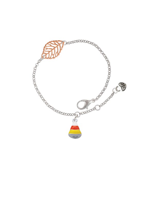 Silvertone Small 3-D Enamel Candy Corn - Rose Goldtone Leaf Delicate Bracelet, 6.25+1.75"