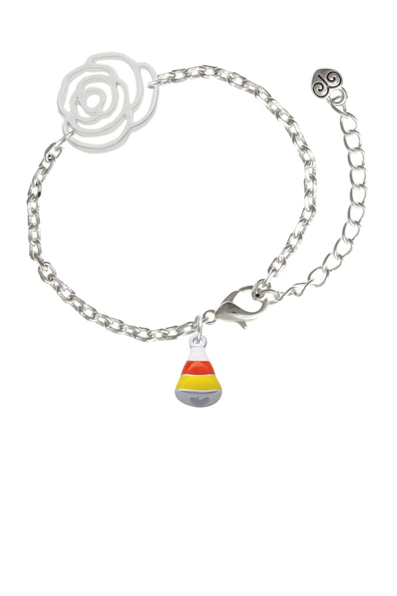 Silvertone Small 3-D Enamel Candy Corn Silver-tone Flower Link Chain Bracelet, 6.75"+2" Extender