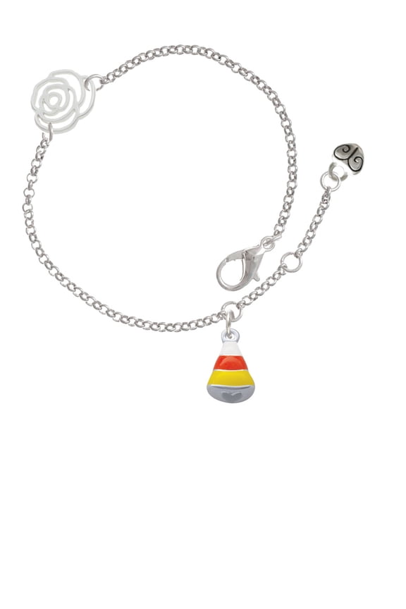 Silvertone Small 3-D Enamel Candy Corn Silver-tone Rose Link Chain Bracelet, 6.25"+1.75" Extender