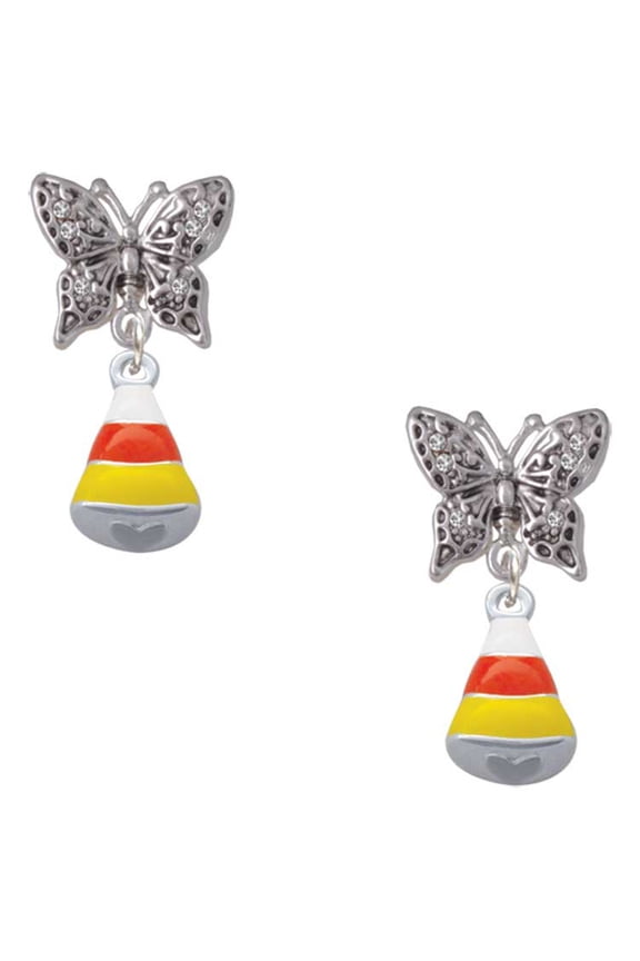 Silvertone Small 3-D Enamel Candy Corn Silvertone Antiqued Butterfly Post Earrings