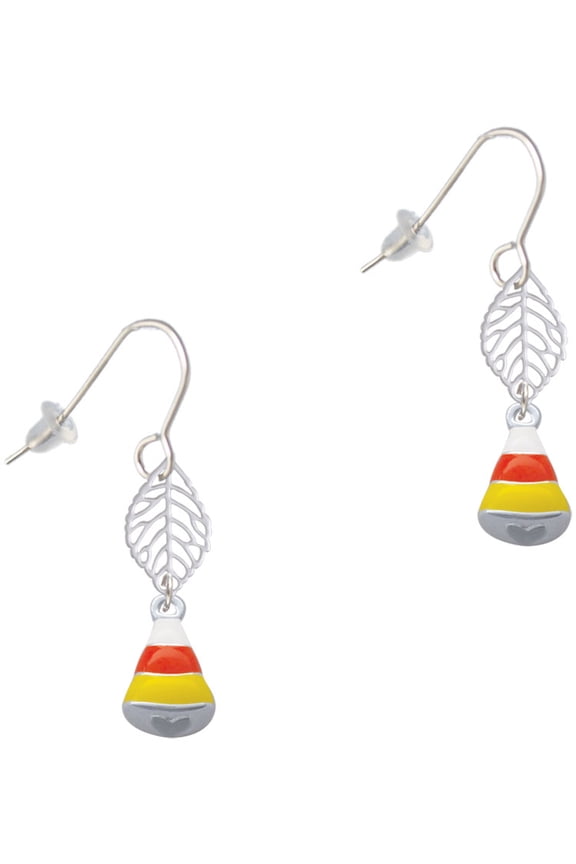 Silvertone Small 3-D Enamel Candy Corn Silvertone Leaf French Earrings