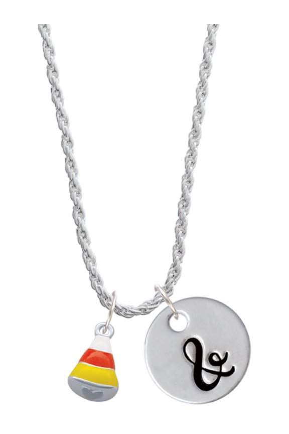 Silvertone Small 3-D Enamel Candy Corn Silvertone Script Initial Disc - & - Charm Necklace, 20"+3"