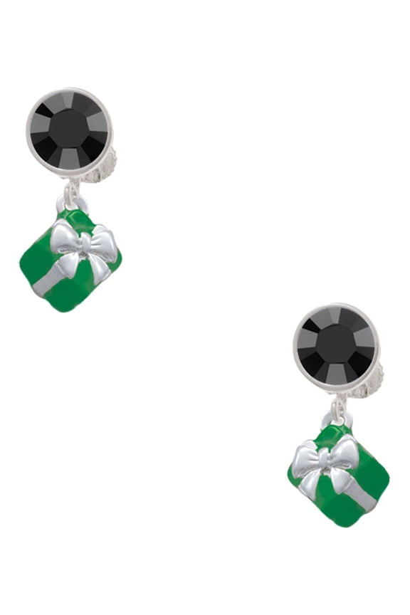 Silvertone Small 3-D Green Present with Bow Black Crystal Clip on Earrings