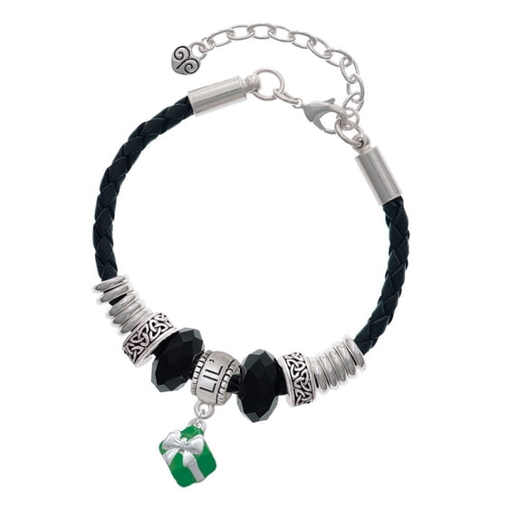 Delight Jewelry Silvertone Small 3-D Green Present with Bow Middle Sister Celtic Knot Leather Bead Bracelet, 7"+2" Extender