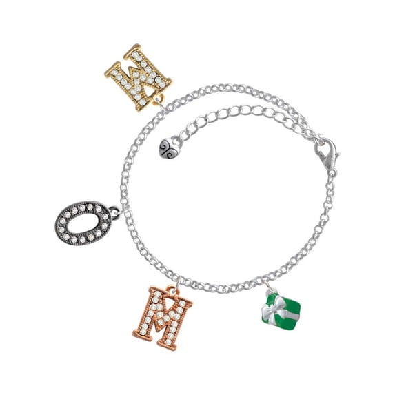 Delight Jewelry Silvertone Small 3-D Green Present with Bow Multi-Colored Crystal Mom Charm Bracelet