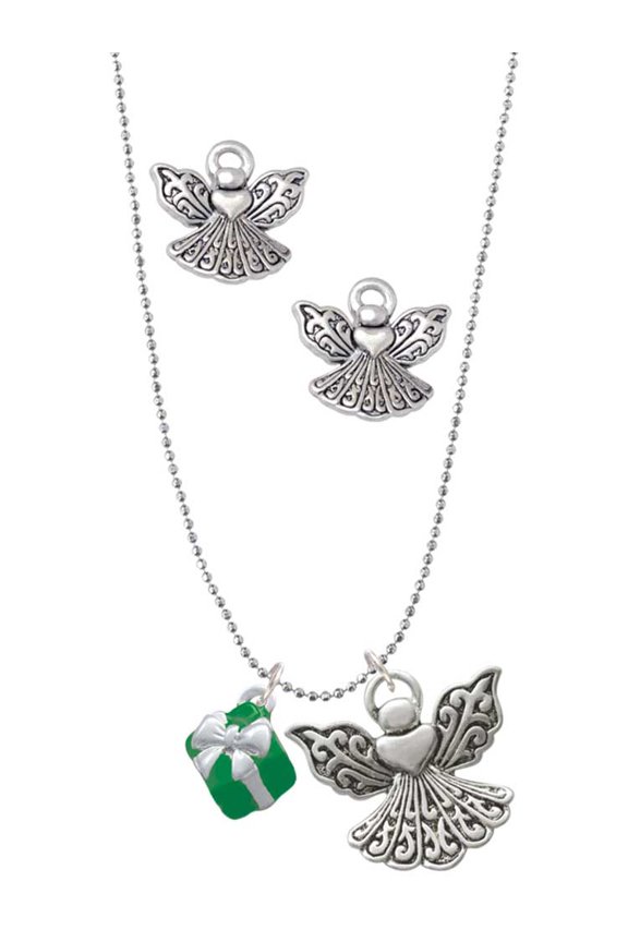 Silvertone Small 3-D Green Present with Bow Silver tone Guardian Angel Charm Necklace and Stud Earrings