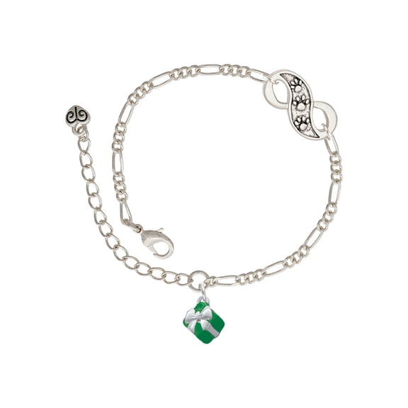 Delight Jewelry Silvertone Small 3-D Green Present with Bow Silver-tone Paw Infinity Link Chain Bracelet, 6"+2" Extender
