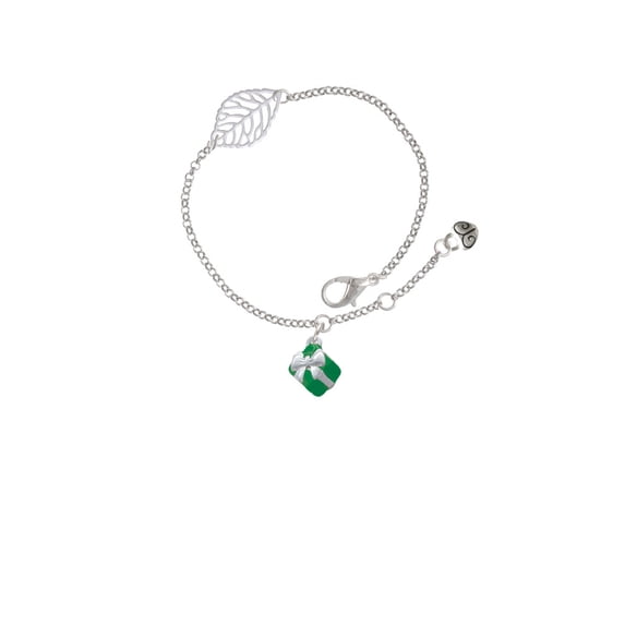 Delight Jewelry Silvertone Small 3-D Green Present with Bow - Silvertone Leaf Delicate Bracelet, 6.25+1.75"