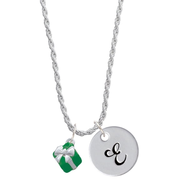 Delight Jewelry Silvertone Small 3-D Green Present with Bow Silvertone Script Initial Disc - E - Charm Necklace, 20"+3"