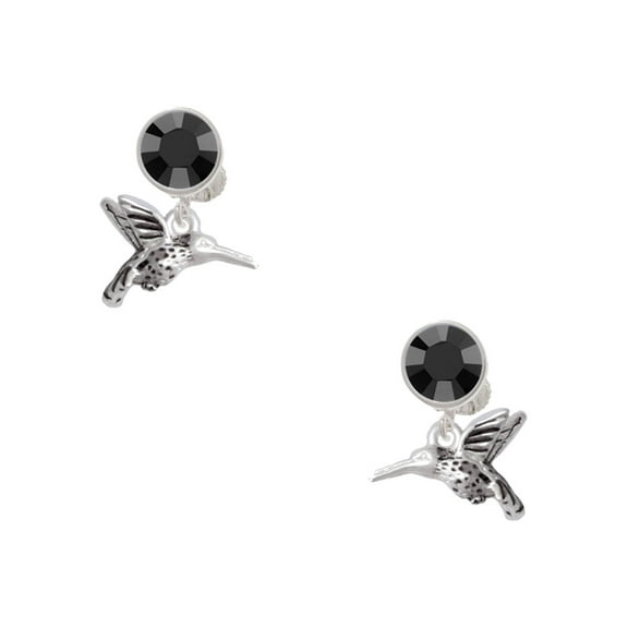 Delight Jewelry Silvertone Small 3-D Hummingbird Black Crystal Clip on Earrings