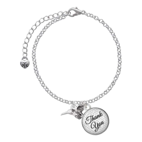 Delight Jewelry Silvertone Small 3-D Hummingbird - Domed Thank You Charm Bracelet, 6"+2"