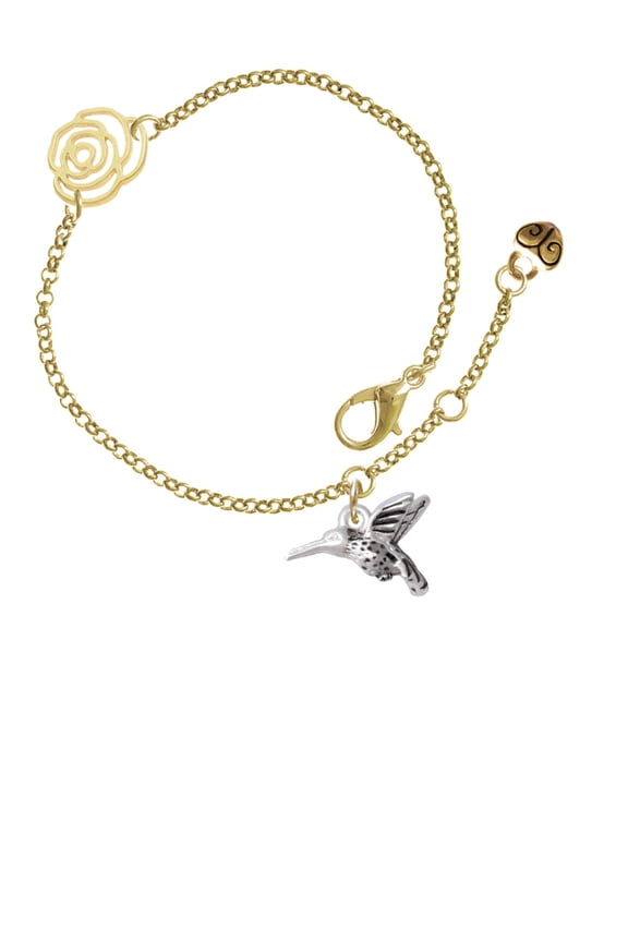 Silvertone Small 3-D Hummingbird Gold-tone Rose Link Chain Bracelet, 6.25"+1.75" Extender
