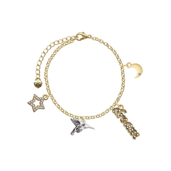 Delight Jewelry Silvertone Small 3-D Hummingbird Goldtone Dream Big Charm Bracelet, 7.5+2" Extender
