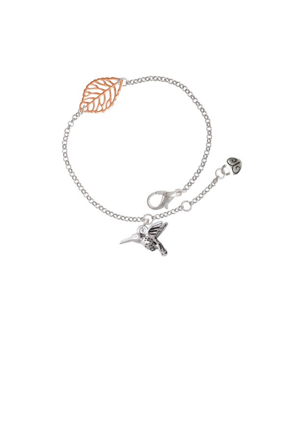 Silvertone Small 3-D Hummingbird - Rose Goldtone Leaf Delicate Bracelet, 6.25+1.75"