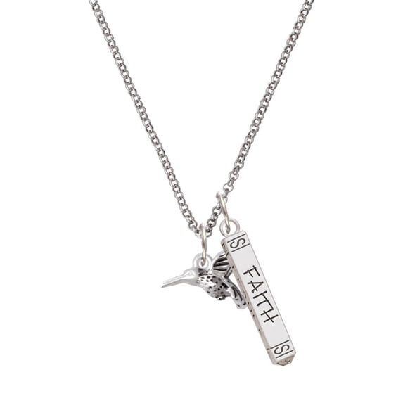 Delight Jewelry Silvertone Small 3-D Hummingbird Silvertone Believe Faith Prayer Hope Bar Charm Necklace, 23"