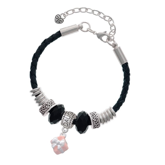 Delight Jewelry Silvertone Small 3-D Pink Present Box with Bow Daughter Celtic Knot Leather Bead Bracelet, 7"+2" Extender