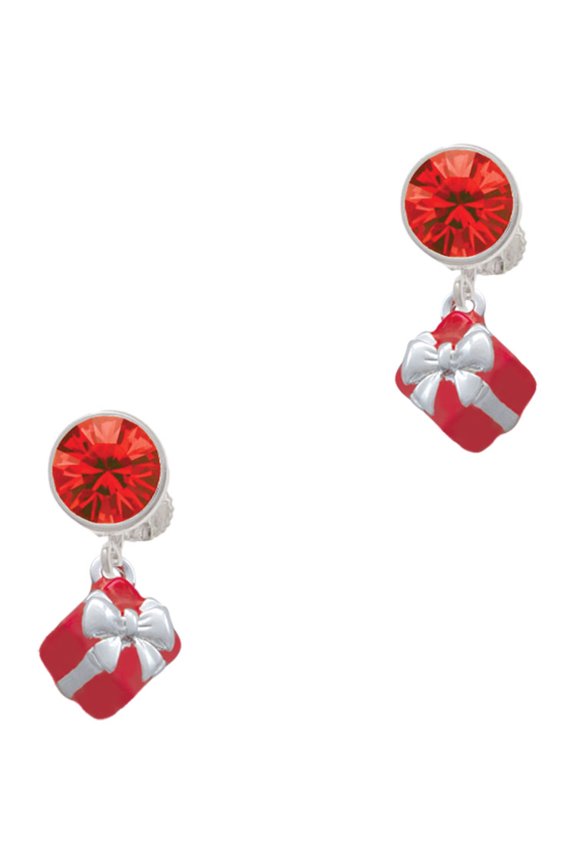 Silvertone Small 3-D Red Present Box with Bow Red Crystal Clip on Earrings
