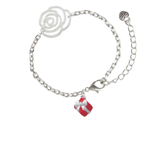 Delight Jewelry Silvertone Small 3-D Red Present Box with Bow Silver-tone Flower Link Chain Bracelet, 6.75"+2" Extender