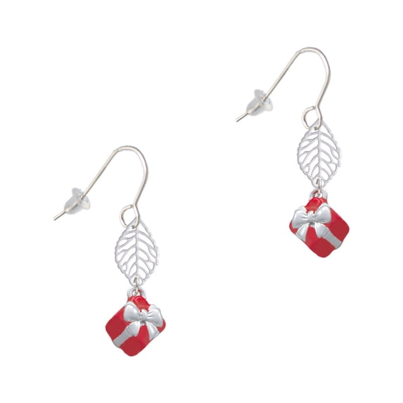 Delight Jewelry Silvertone Small 3-D Red Present Box with Bow Silvertone Leaf French Earrings