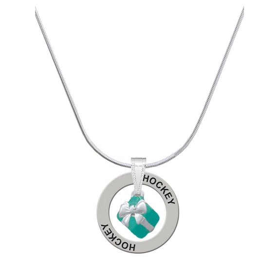 Delight Jewelry Silvertone Small 3-D Teal Present with Bow Hockey Ring Charm Necklace, 18"