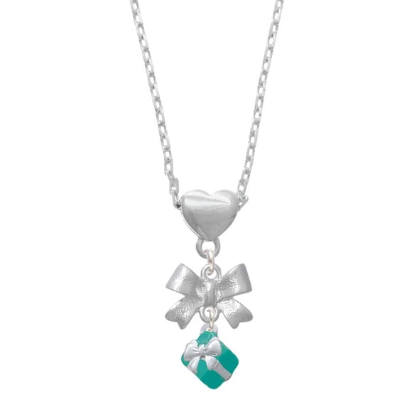 Delight Jewelry Silvertone Small 3-D Teal Present with Bow Silver tone Bow Heart Necklace