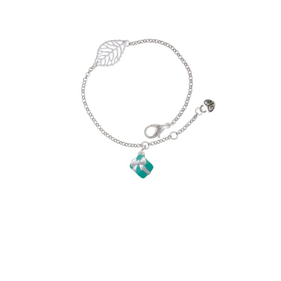 Delight Jewelry Silvertone Small 3-D Teal Present with Bow - Silvertone Leaf Delicate Bracelet, 6.25+1.75"