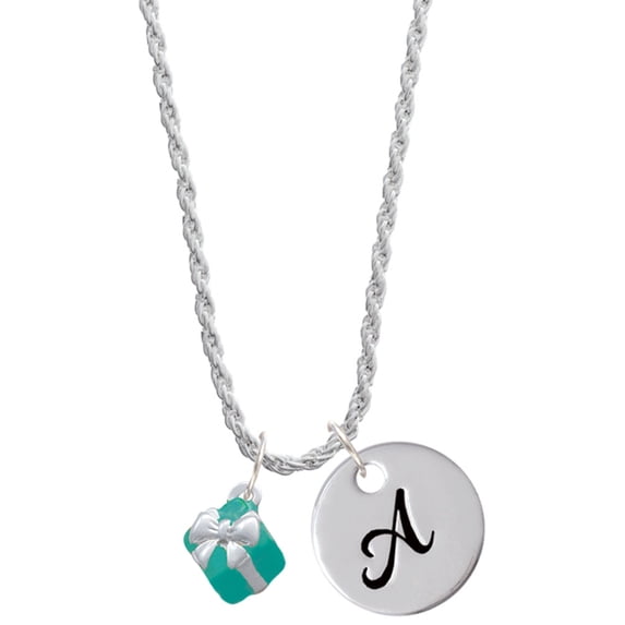 Delight Jewelry Silvertone Small 3-D Teal Present with Bow Silvertone Script Initial Disc - A - Charm Necklace, 20"+3"