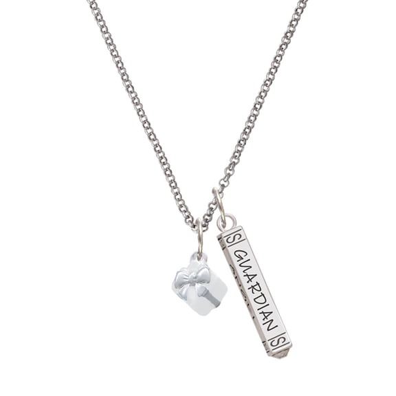 Delight Jewelry Silvertone Small 3-D White Present Box with Bow Silvertone Guardian Angel Bar Charm Necklace, 23"