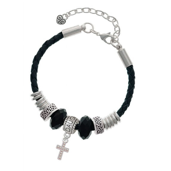 Delight Jewelry Silvertone Small AB Crystal Cross Daughter Celtic Knot Leather Bead Bracelet, 7"+2" Extender