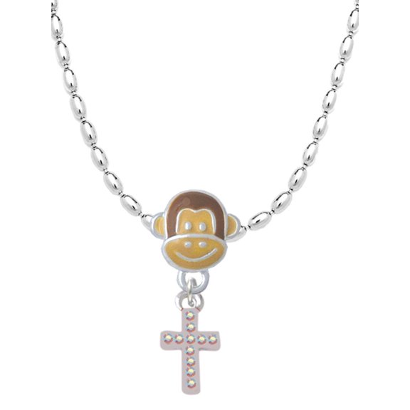 Delight Jewelry Silvertone Small AB Crystal Cross Mia Monkey Charm Necklace